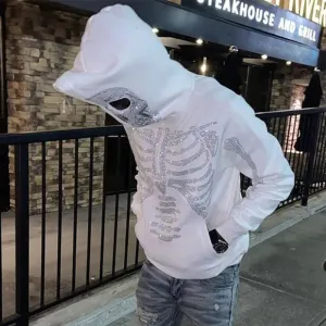 White Skull Hood Rhinestones Skeleton Full Zip-up Hoodie