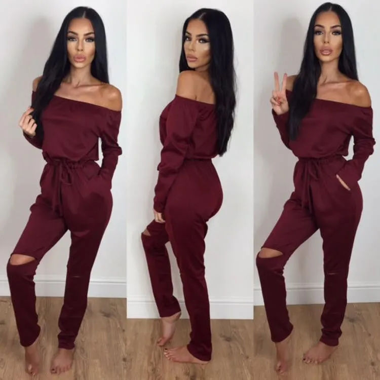 Women Jumpsuits Solid color Fashion Long sleeved Strapless Hole Straight collar Nightclub Romper Jumpsuit