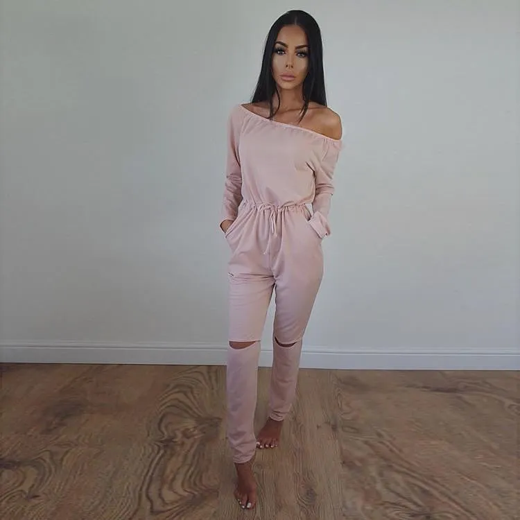 Women Jumpsuits Solid color Fashion Long sleeved Strapless Hole Straight collar Nightclub Romper Jumpsuit