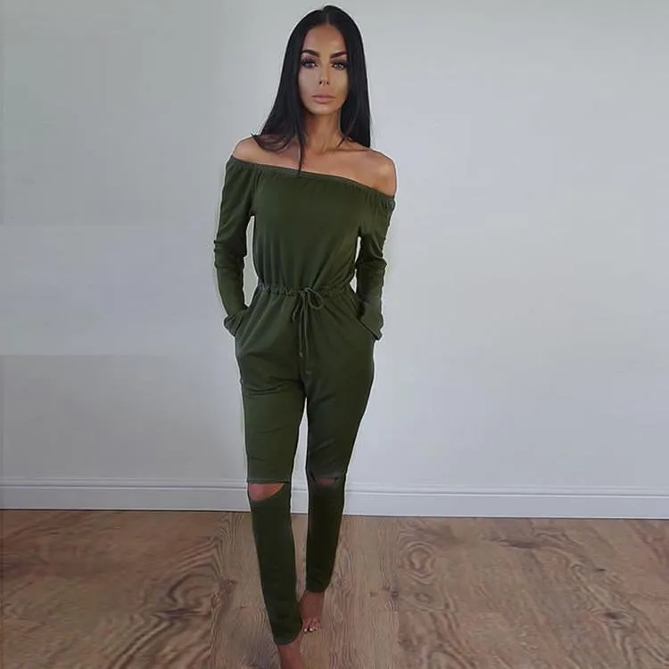 Women Jumpsuits Solid color Fashion Long sleeved Strapless Hole Straight collar Nightclub Romper Jumpsuit