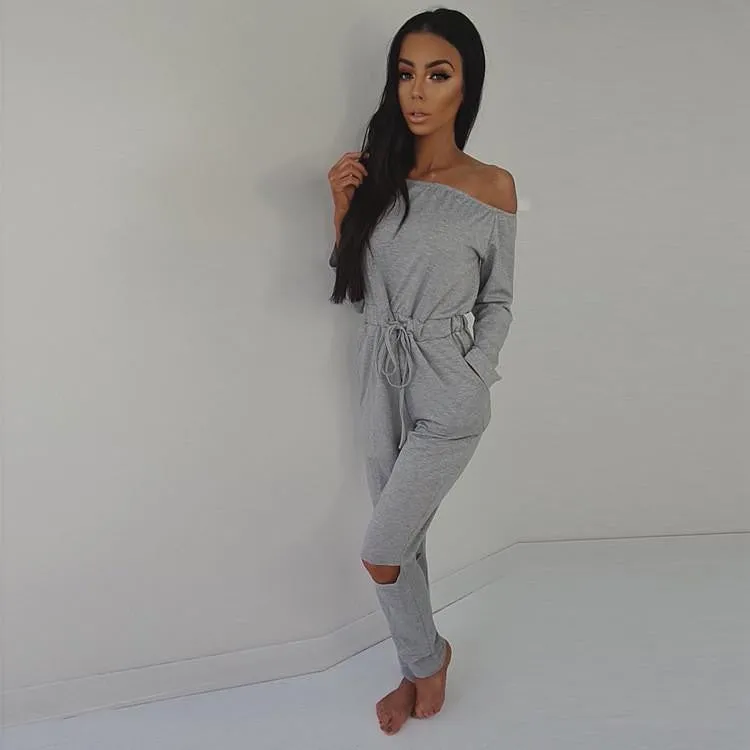 Women Jumpsuits Solid color Fashion Long sleeved Strapless Hole Straight collar Nightclub Romper Jumpsuit