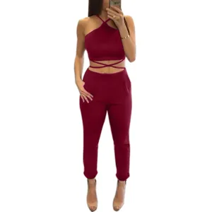 Women Two Piece bandage Set jumpsuit Rompers Womens Jumpsuit Long Pants 2 Piece Set Women Short Crop Tops Bodycon Palysuit