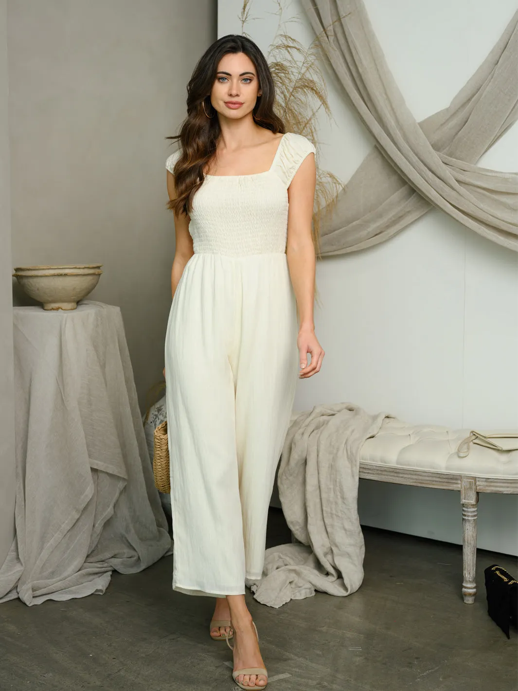 WOMEN'S CAP SLEEVE SMOCKED OPEN BACK JUMPSUIT