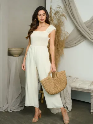 WOMEN'S CAP SLEEVE SMOCKED OPEN BACK JUMPSUIT
