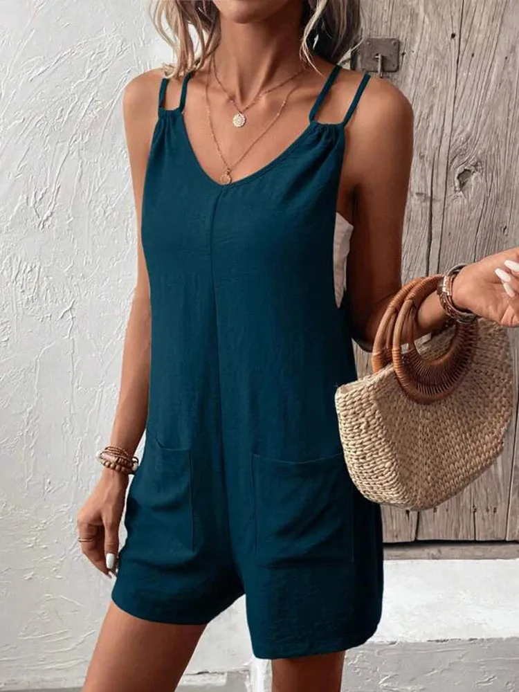 Women's Fashion Casual  Vacation Women Pocket Square Collar Shoulder Strap Solid Green Color Simple Wide Leg Short Jumpsuit