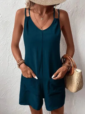 Women's Fashion Casual  Vacation Women Pocket Square Collar Shoulder Strap Solid Green Color Simple Wide Leg Short Jumpsuit