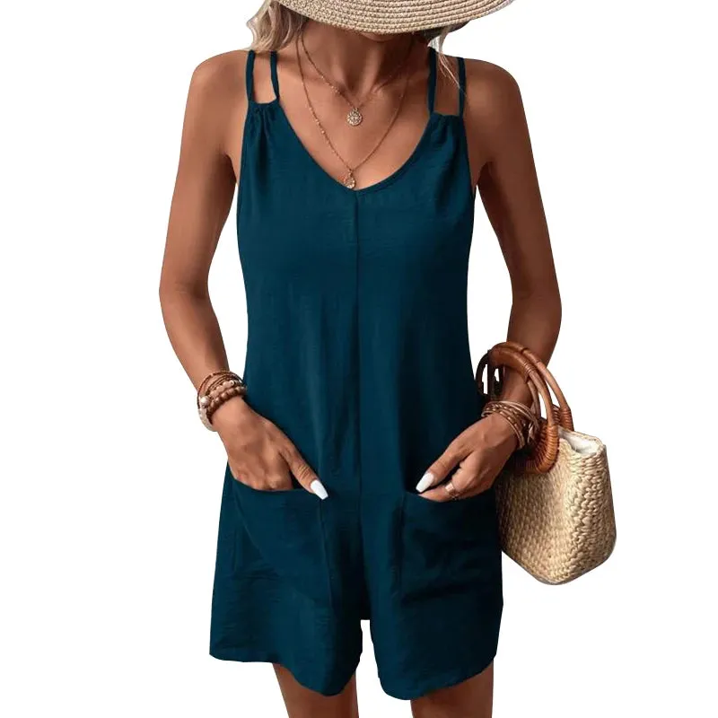 Women's Fashion Casual  Vacation Women Pocket Square Collar Shoulder Strap Solid Green Color Simple Wide Leg Short Jumpsuit