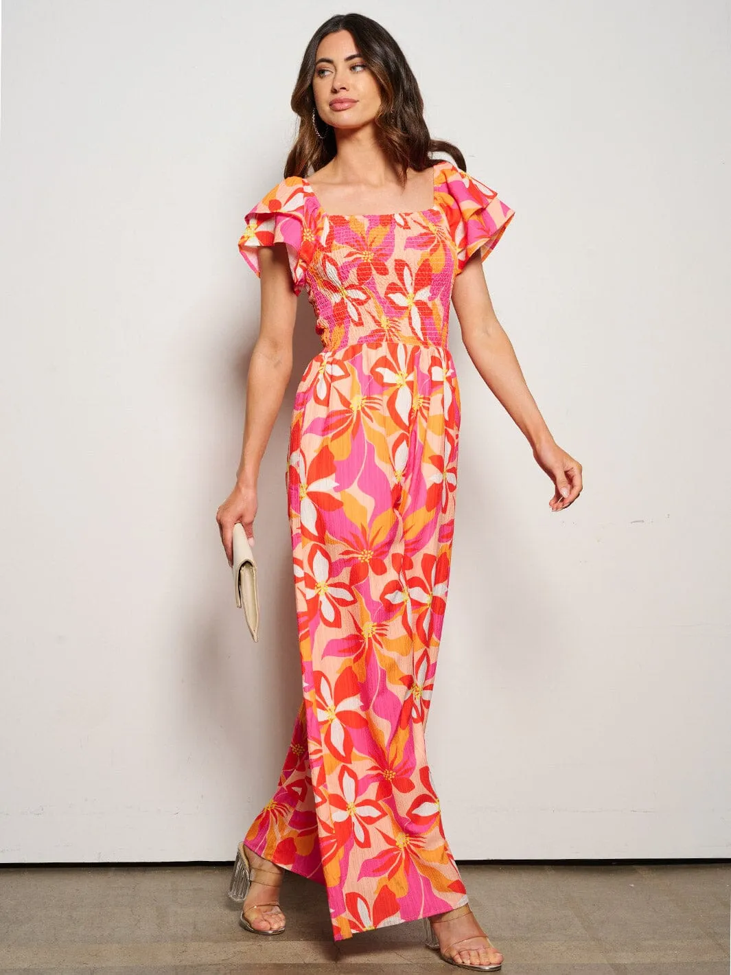 WOMEN'S SHORT PUFF SLEEVE SMOCK PRINTED POCKETS JUMPSUIT
