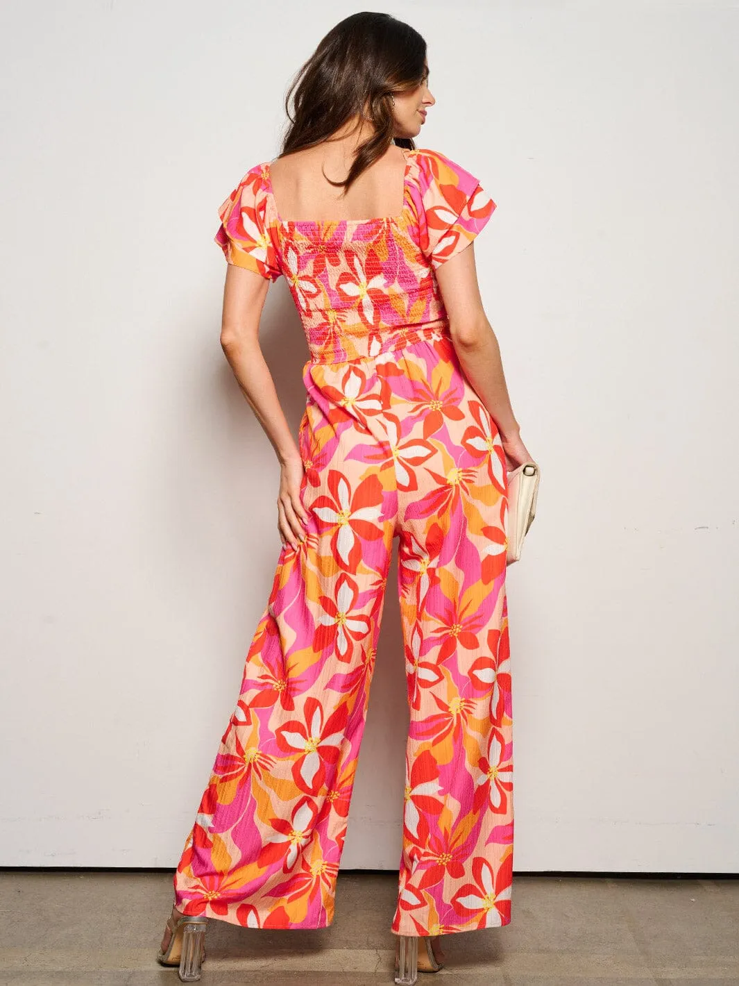 WOMEN'S SHORT PUFF SLEEVE SMOCK PRINTED POCKETS JUMPSUIT