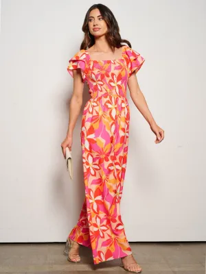 WOMEN'S SHORT PUFF SLEEVE SMOCK PRINTED POCKETS JUMPSUIT