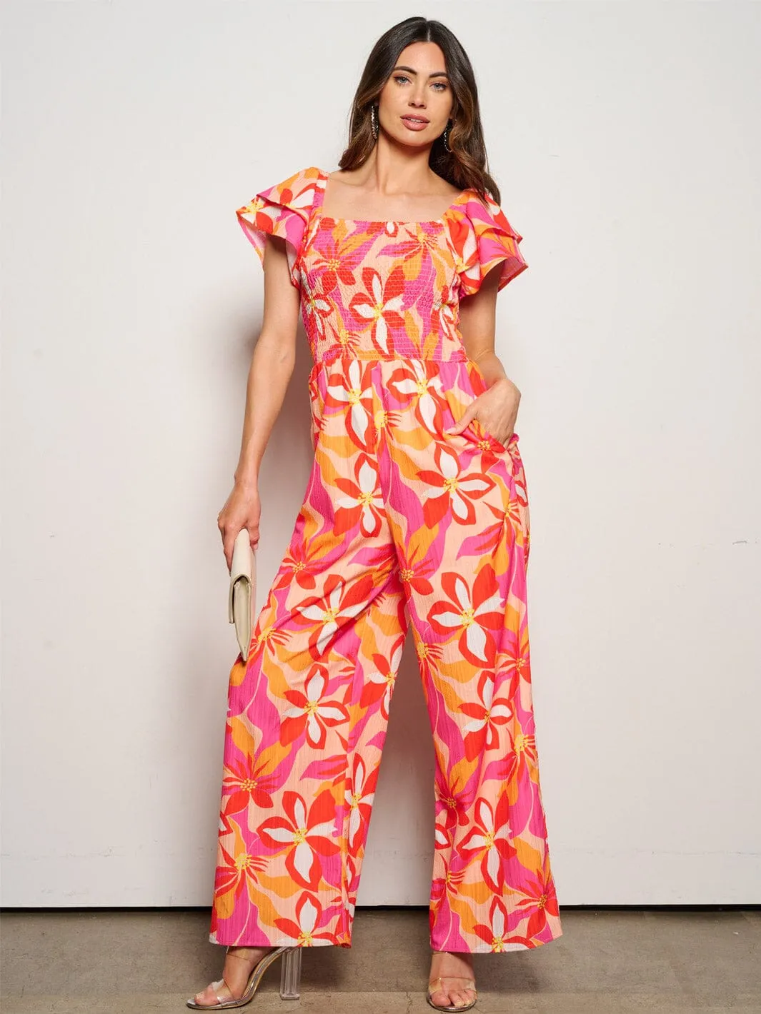 WOMEN'S SHORT PUFF SLEEVE SMOCK PRINTED POCKETS JUMPSUIT