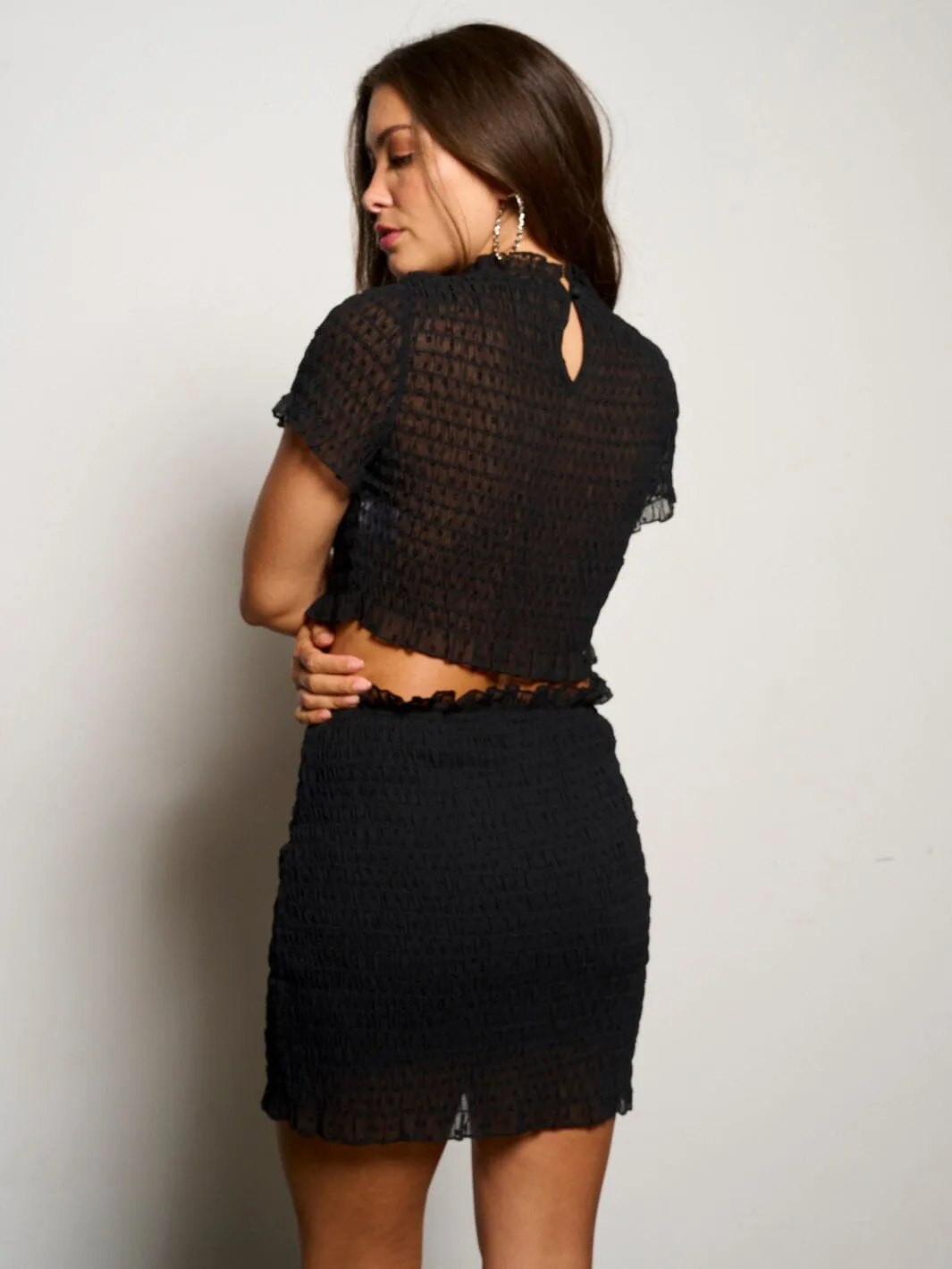 WOMEN'S SHORT SLEEVE CROP TOP & MINI SKIRT RUCHED 2PC SET