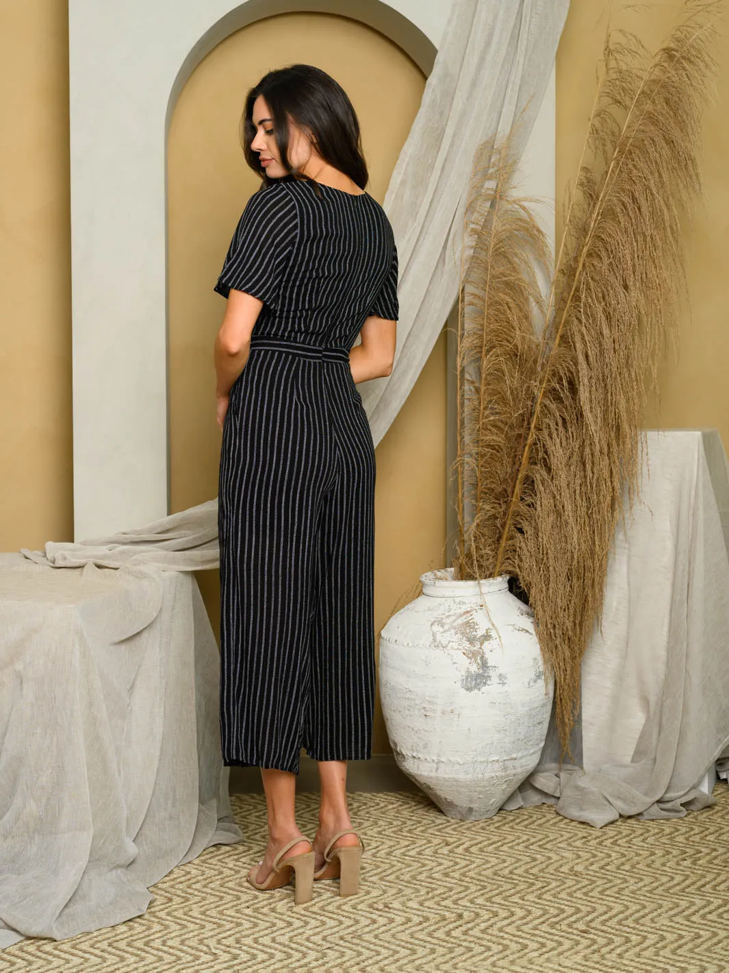 WOMEN'S SHORT SLEEVE V-NECK STRIPES JUMPSUIT