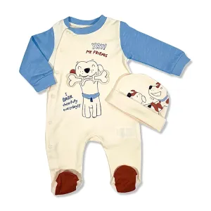 Yay My Friend - Cute Dog Print - Romper And Hat - Set For Boys